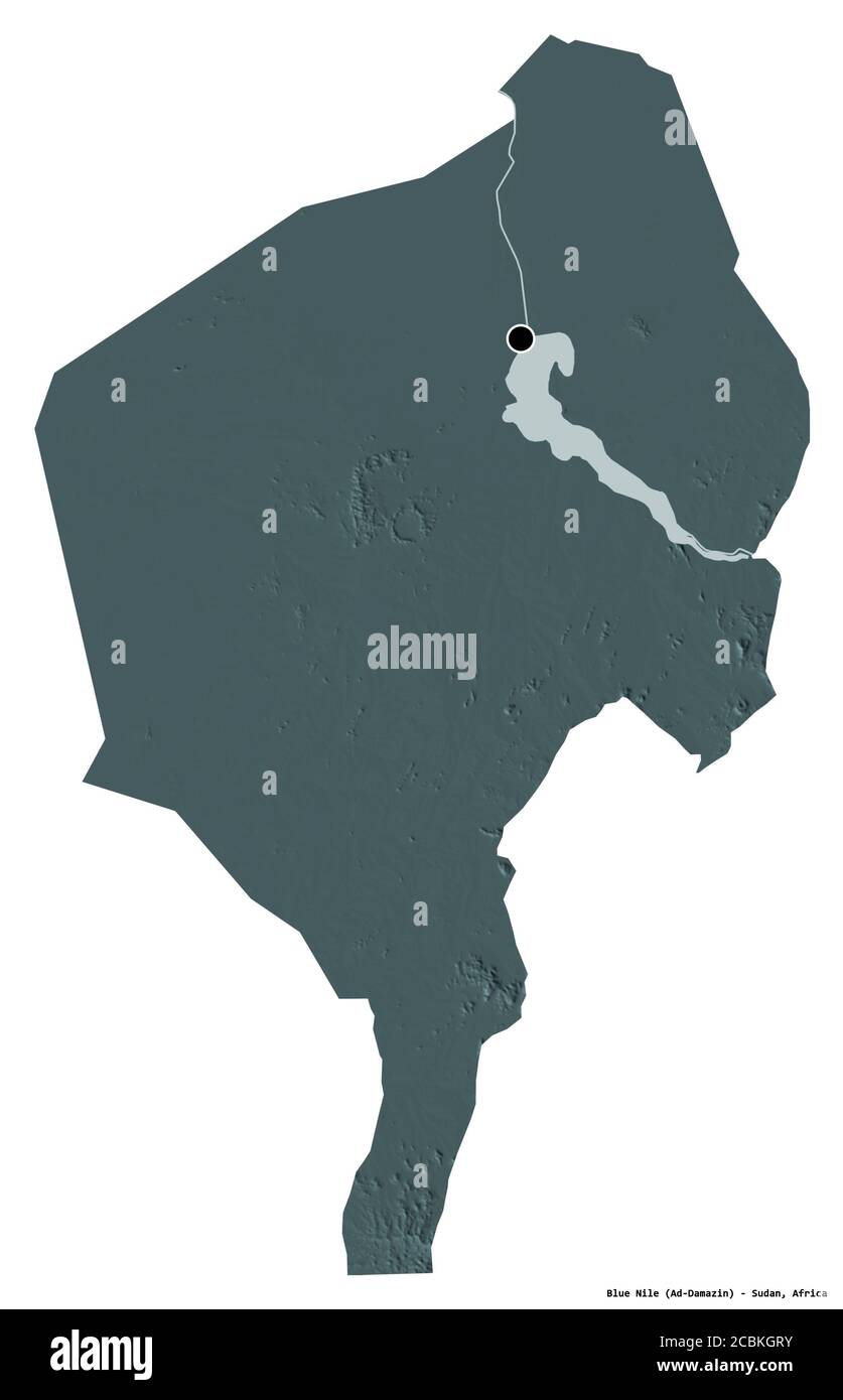 Shape of Blue Nile, state of Sudan, with its capital isolated on white