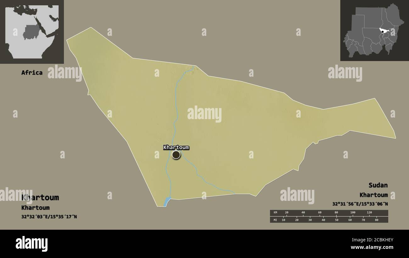 Shape of Khartoum, state of Sudan, and its capital. Distance scale, previews and labels. Topographic relief map. 3D rendering Stock Photo