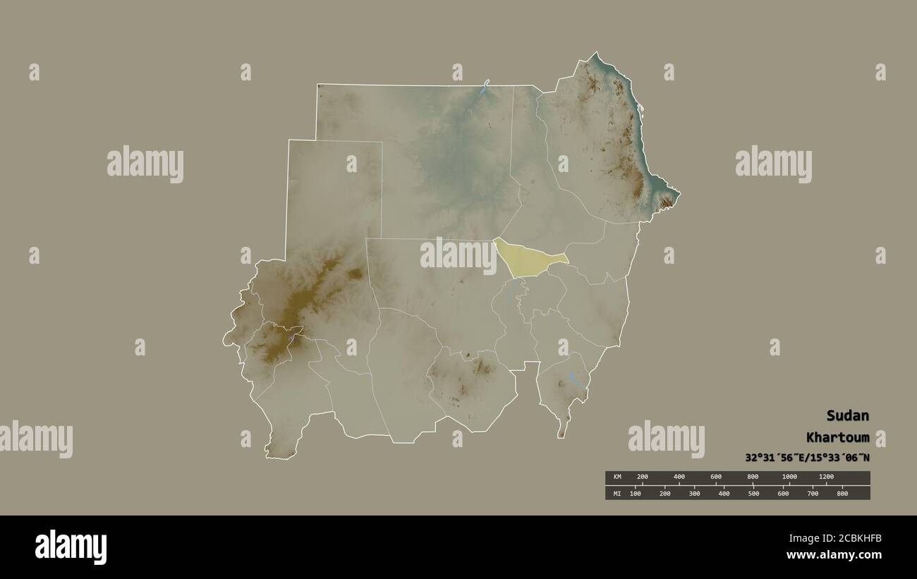 Desaturated shape of Sudan with its capital, main regional division and the separated Khartoum area. Labels. Topographic relief map. 3D rendering Stock Photo