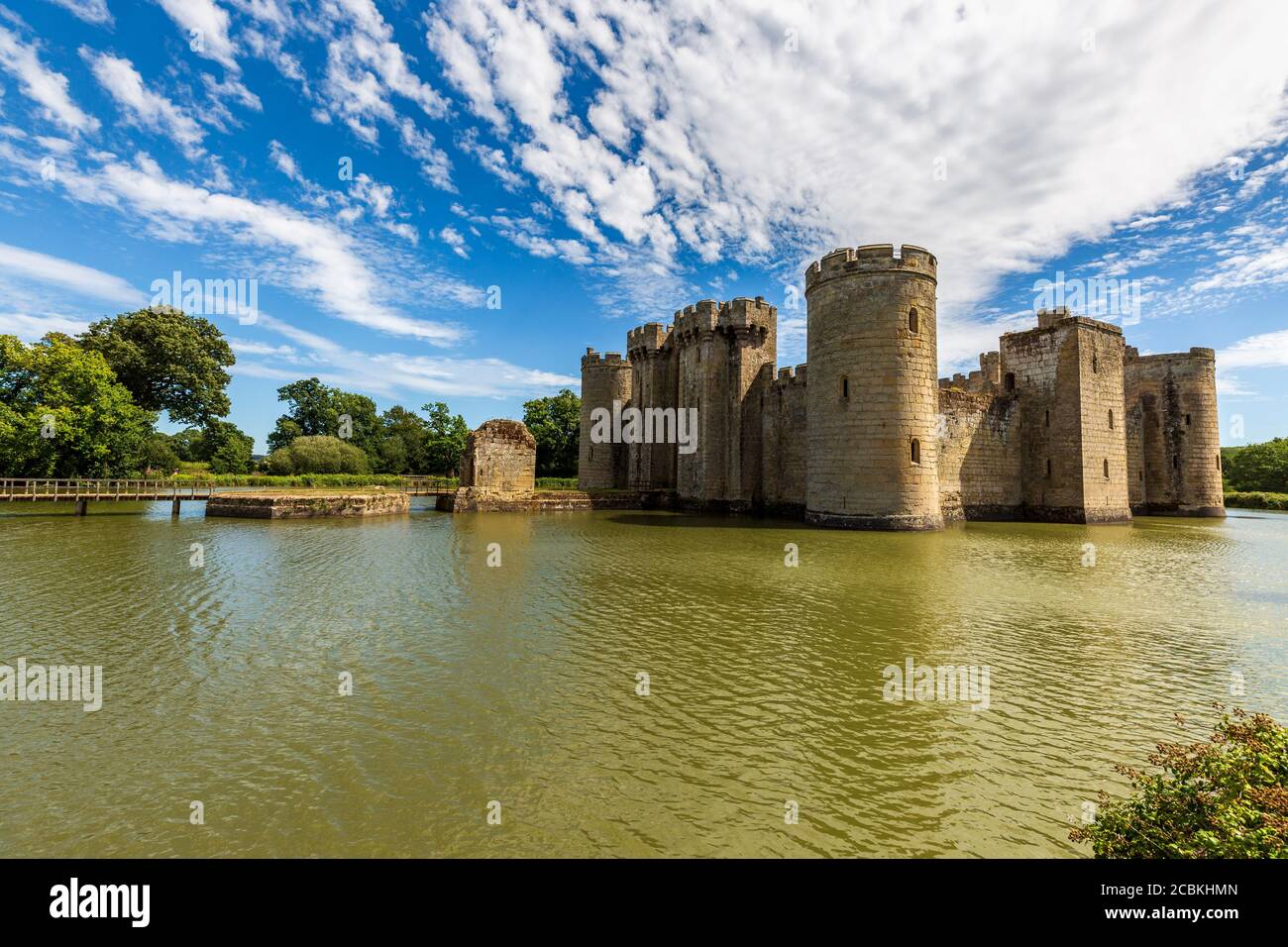 Medieval Bodiam Castle and bridge entrance over the defensive moat in ...