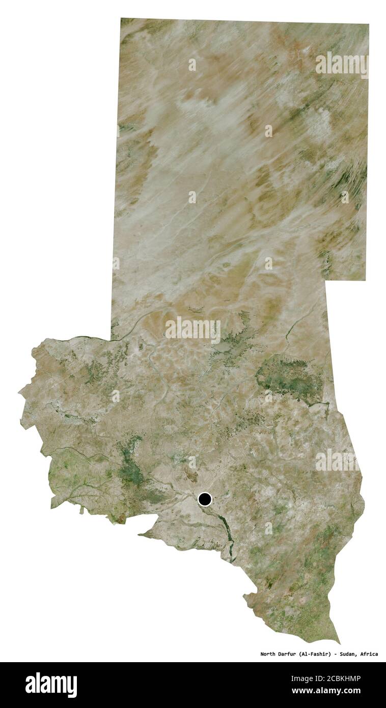 Shape of North Darfur, state of Sudan, with its capital isolated on white background. Satellite imagery. 3D rendering Stock Photo
