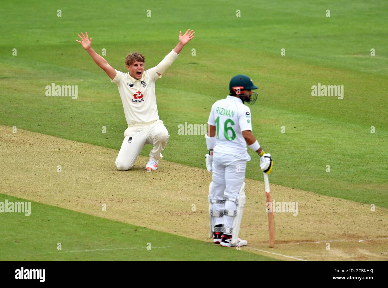 England's Sam Curran appeals unsuccessfully for a wicket during day two of the Second Test match at the Ageas Bowl, Southampton. Stock Photo