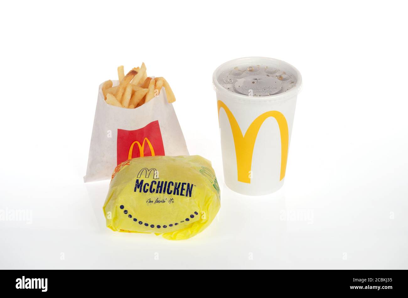 McDonald’s McChicken Chicken Sandwich with french fries or chips & soda Stock Photo