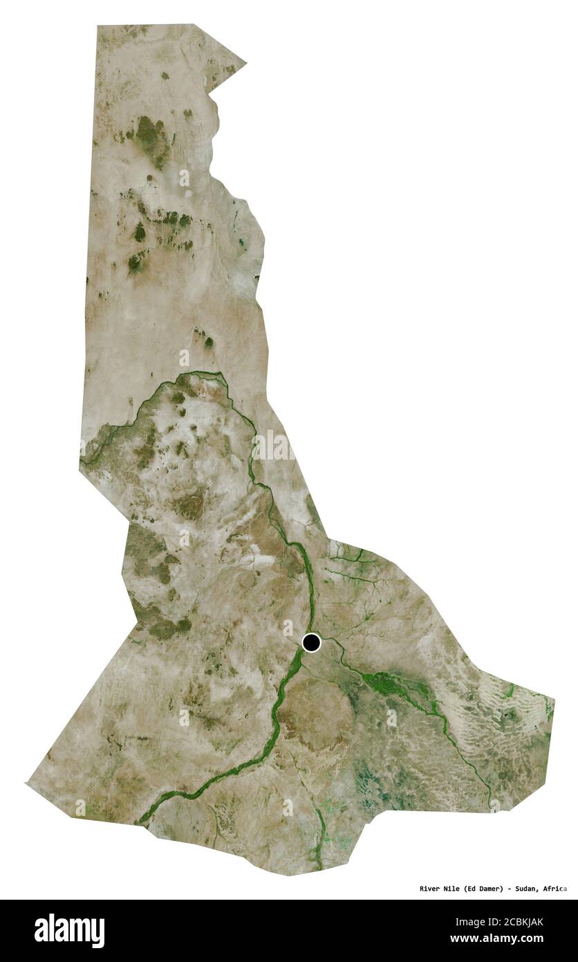 Shape of River Nile, state of Sudan, with its capital isolated on white background. Satellite imagery. 3D rendering Stock Photo
