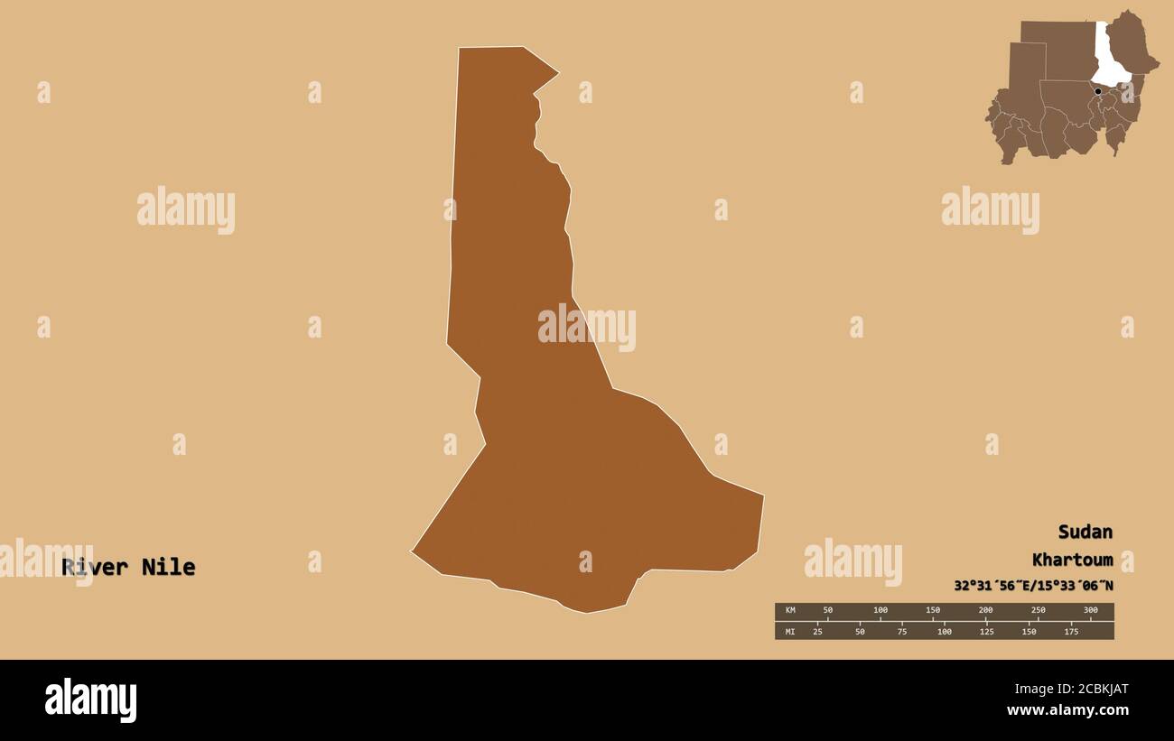 Shape of River Nile, state of Sudan, with its capital isolated on solid background. Distance scale, region preview and labels. Composition of patterne Stock Photo