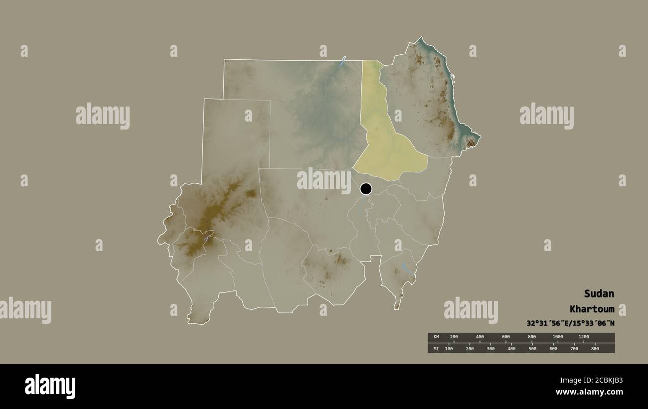 Desaturated shape of Sudan with its capital, main regional division and the separated River Nile area. Labels. Topographic relief map. 3D rendering Stock Photo