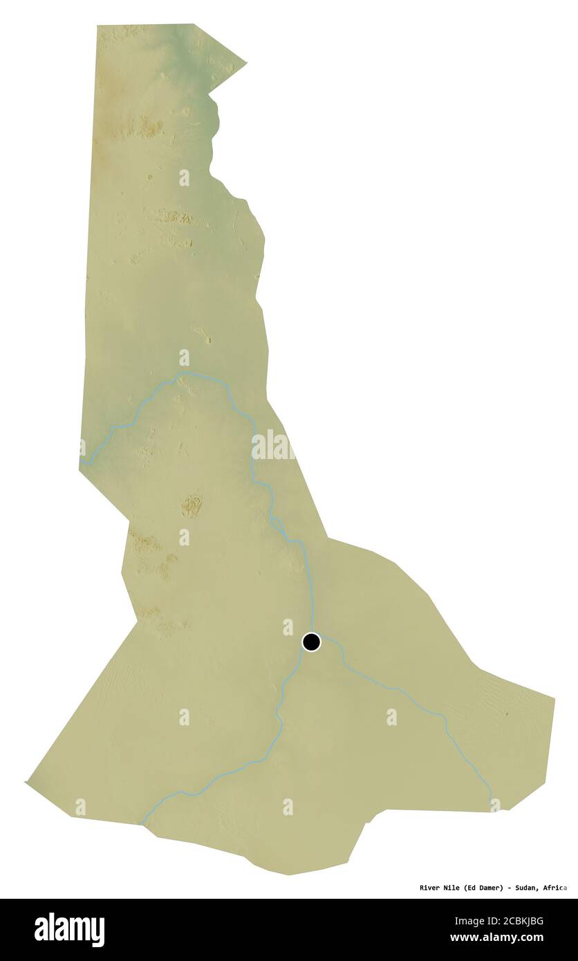 Shape of River Nile, state of Sudan, with its capital isolated on white background. Topographic relief map. 3D rendering Stock Photo