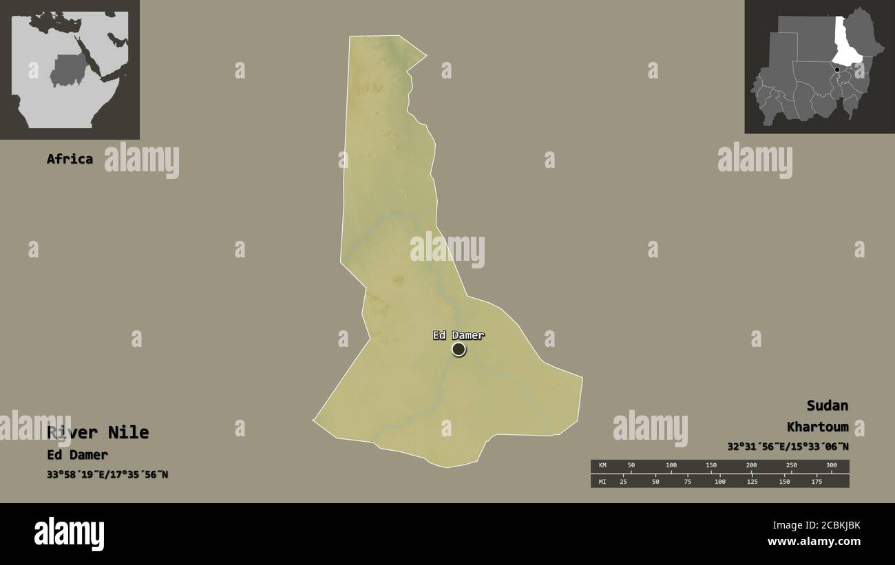 Shape of River Nile, state of Sudan, and its capital. Distance scale, previews and labels. Topographic relief map. 3D rendering Stock Photo