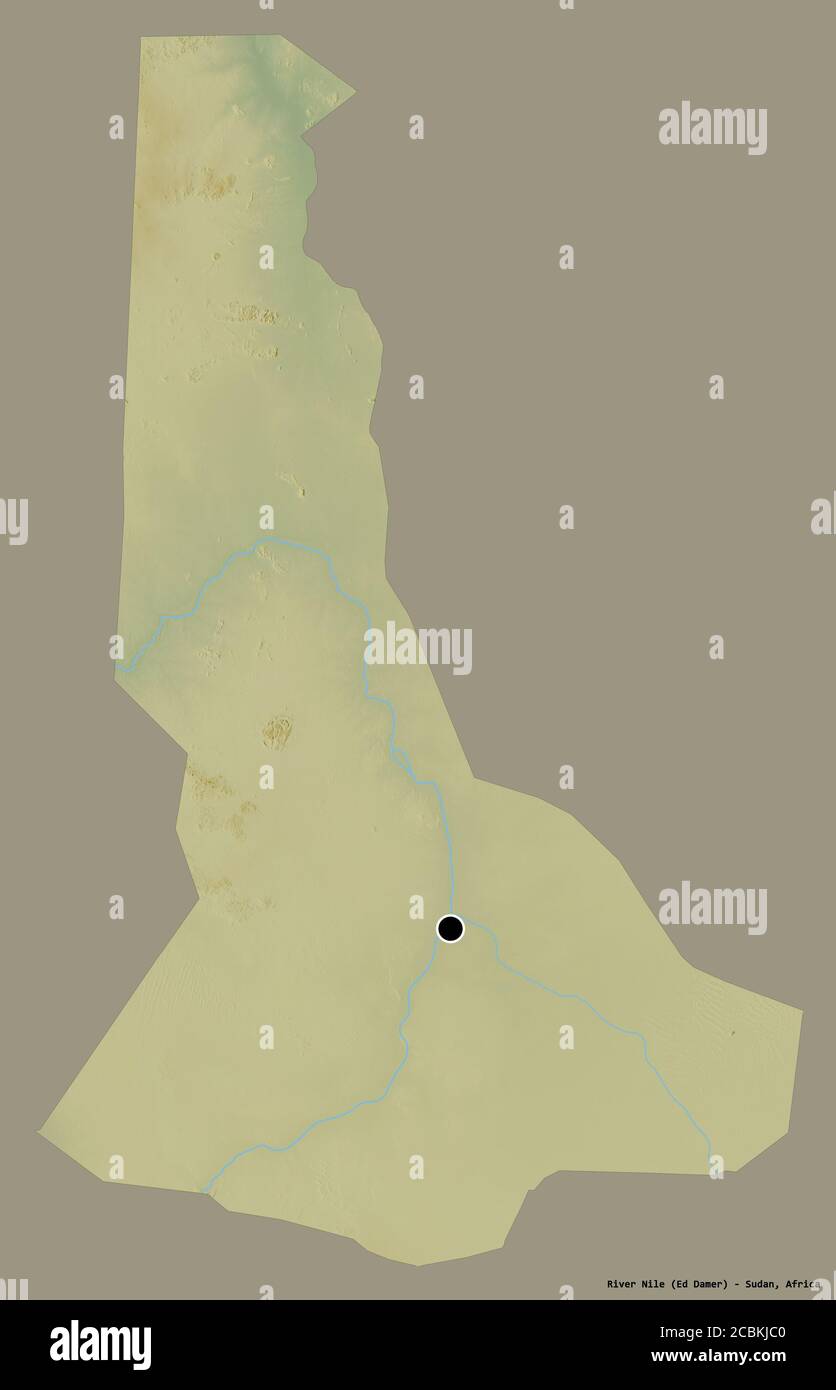 Shape of River Nile, state of Sudan, with its capital isolated on a solid color background. Topographic relief map. 3D rendering Stock Photo