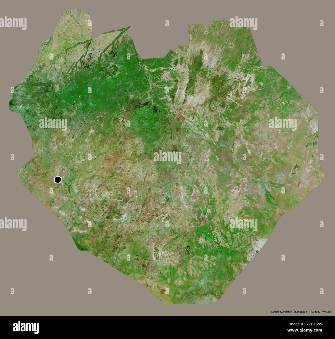 Shape of South Kurdufan, state of Sudan, with its capital isolated on a solid color background. Satellite imagery. 3D rendering Stock Photo