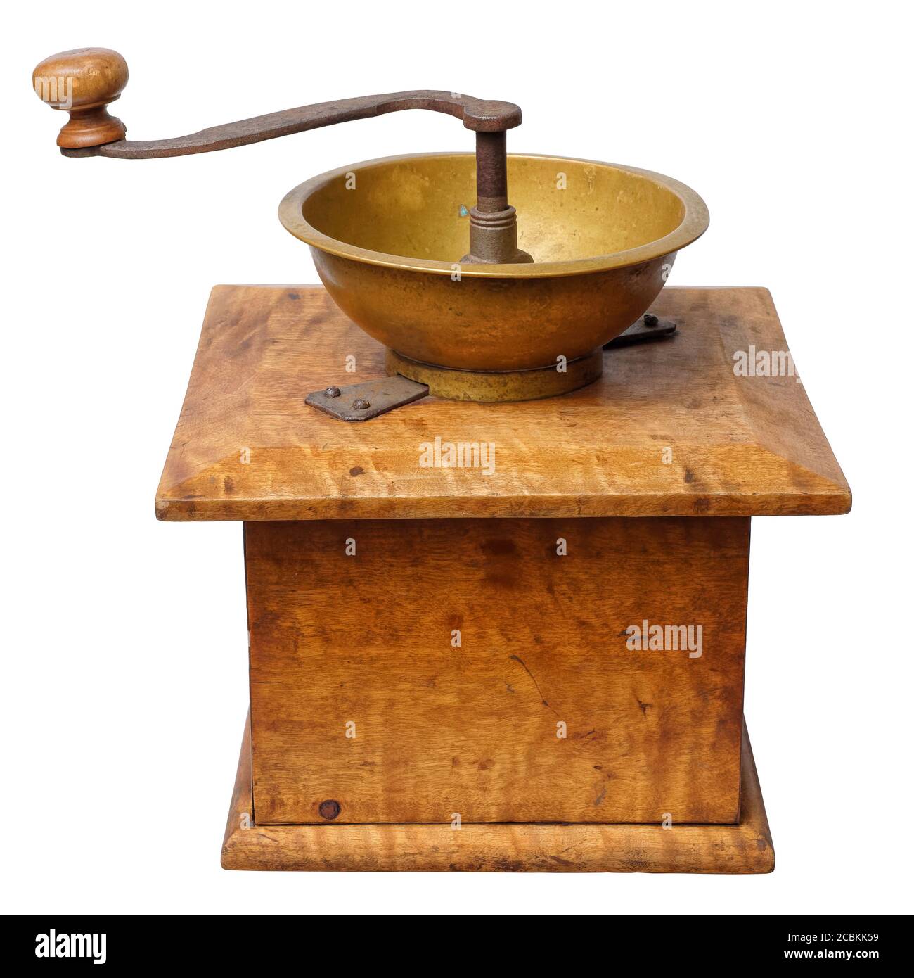 Antique aged manual wooden coffee grinder, isolated on white background