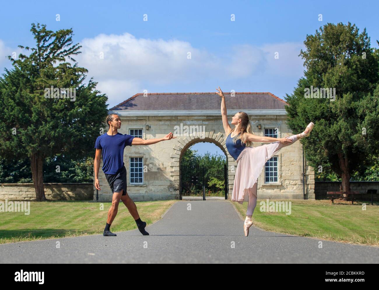 Artists of The Royal Ballet Joseph Aumeer (left) and Charlotte Tomkinson (right) in the grounds of Cusworth Hall in Doncaster, Yorkshire, as The Royal Ballet and Doncaster Council prepare ahead of Doncaster Dancing, a community engagement programme Inspired by the ballet Romeo and Juliet. Stock Photo