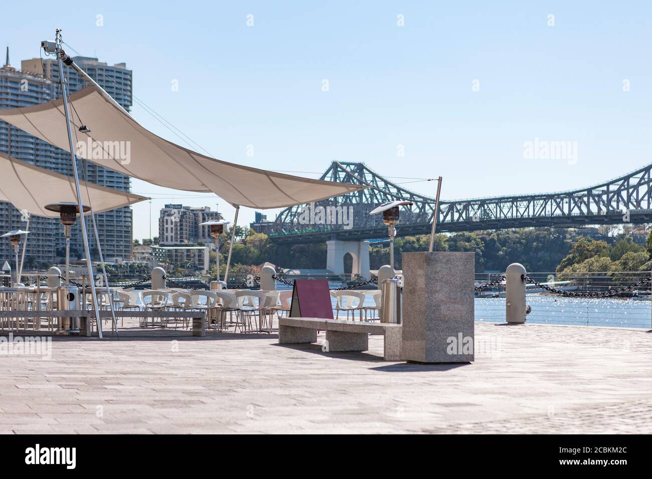 Empty outdoor cafe near waterfront in Brisbane Stock Photo Alamy