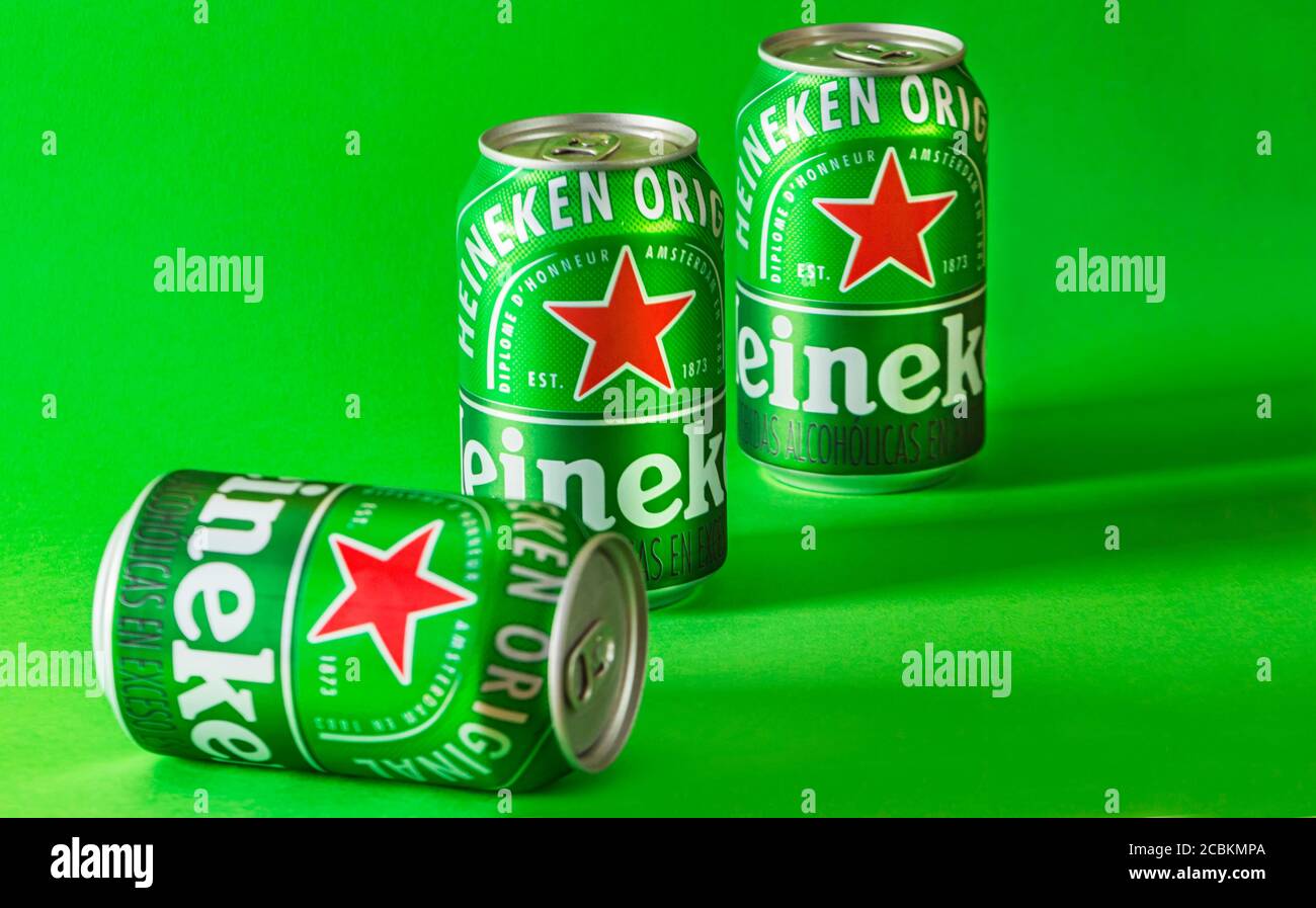 Lima, Peru - August 10 2020: Heineken beer can green background. Heineken beer is the flagship product of Heineken International. Stock Photo