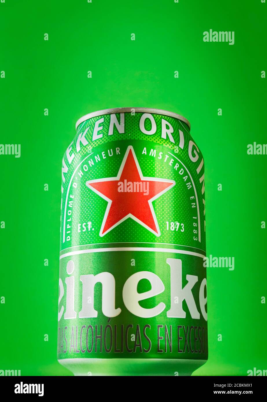 Lima, Peru - August 10 2020: Heineken beer can green background. Heineken beer is the flagship product of Heineken International. Stock Photo