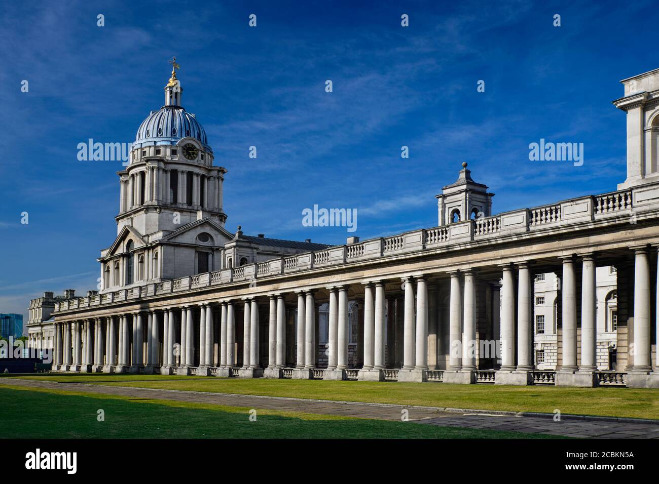 England, London, Greenwich, Old Royal Naval College, The wing that includes the Chapel of St Peter and St Paul. Stock Photo