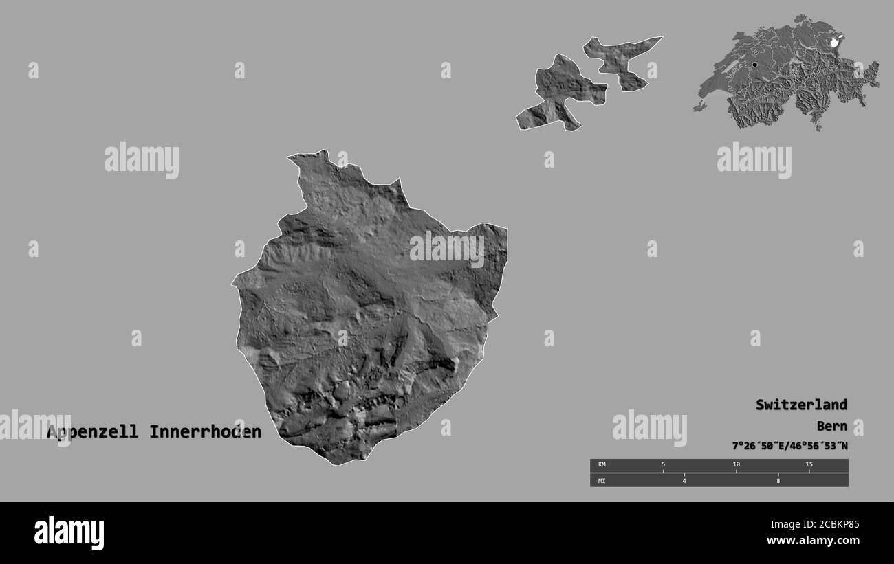 Shape of Appenzell Innerrhoden, canton of Switzerland, with its capital isolated on solid background. Distance scale, region preview and labels. Bilev Stock Photo