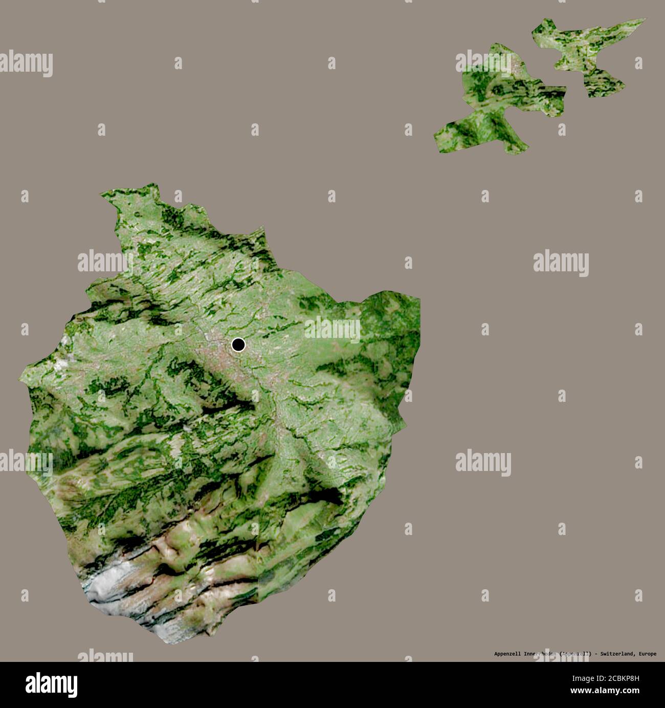 Shape of Appenzell Innerrhoden, canton of Switzerland, with its capital isolated on a solid color background. Satellite imagery. 3D rendering Stock Photo