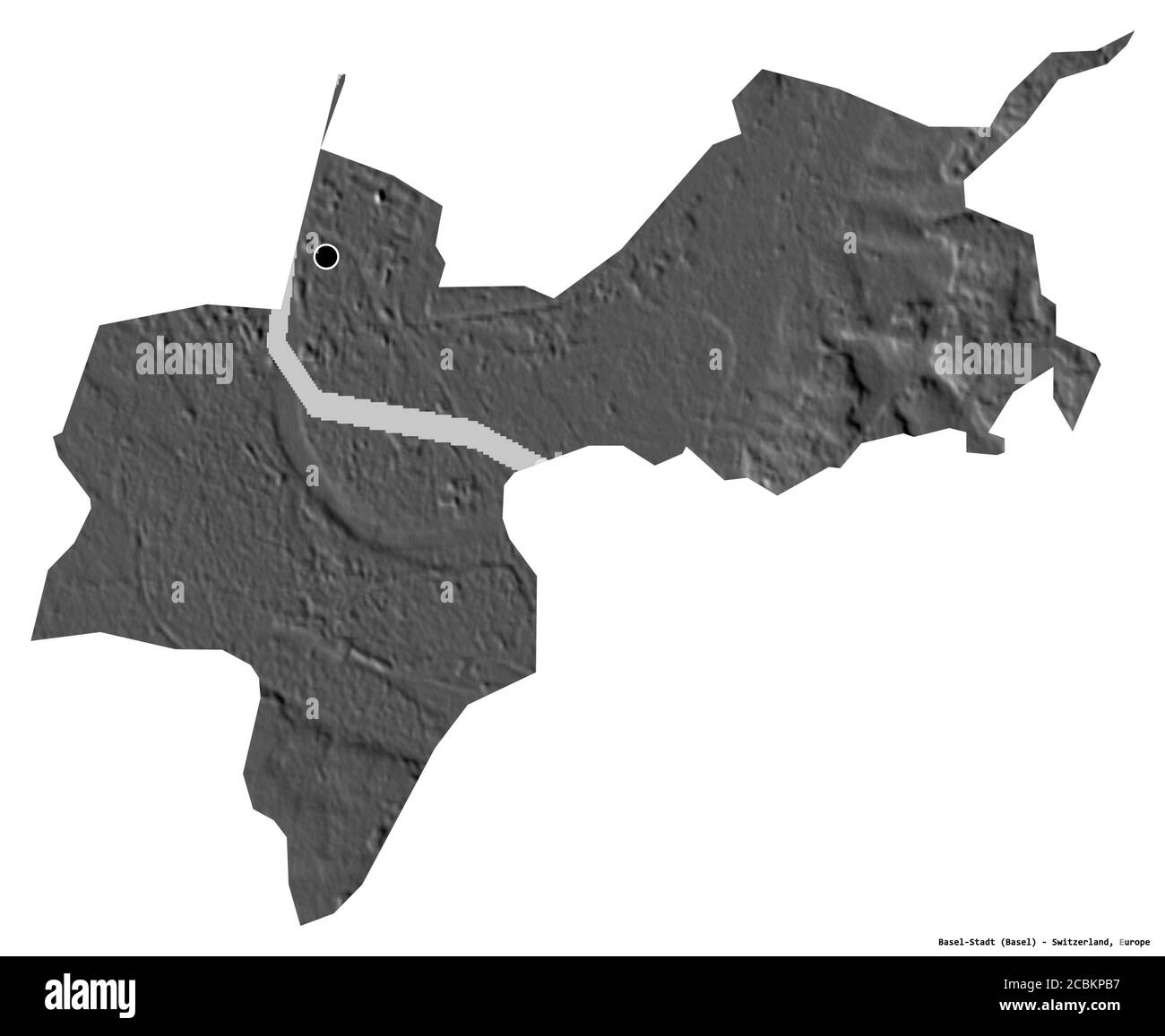 Shape of Basel-Stadt, canton of Switzerland, with its capital isolated on white background. Bilevel elevation map. 3D rendering Stock Photo