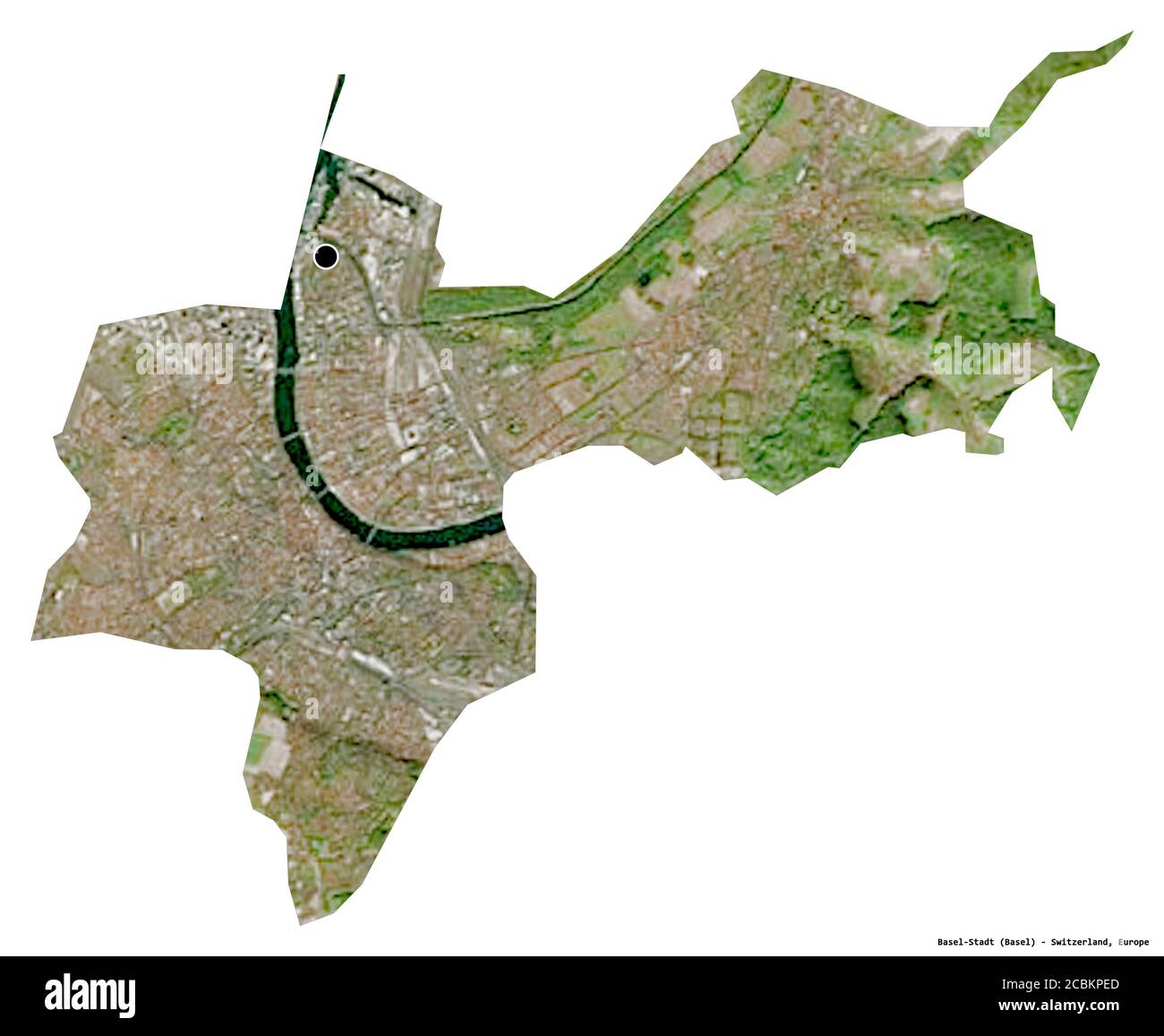 Shape of Basel-Stadt, canton of Switzerland, with its capital isolated on white background. Satellite imagery. 3D rendering Stock Photo