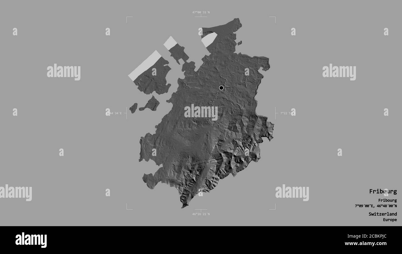 Area of Fribourg, canton of Switzerland, isolated on a solid background in a georeferenced bounding box. Labels. Bilevel elevation map. 3D rendering Stock Photo