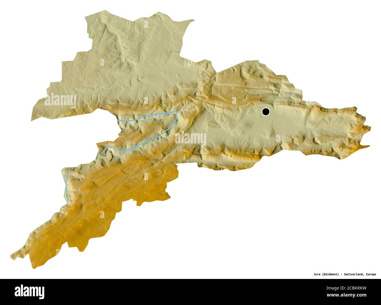 Shape of Jura, canton of Switzerland, with its capital isolated on white background. Topographic relief map. 3D rendering Stock Photo