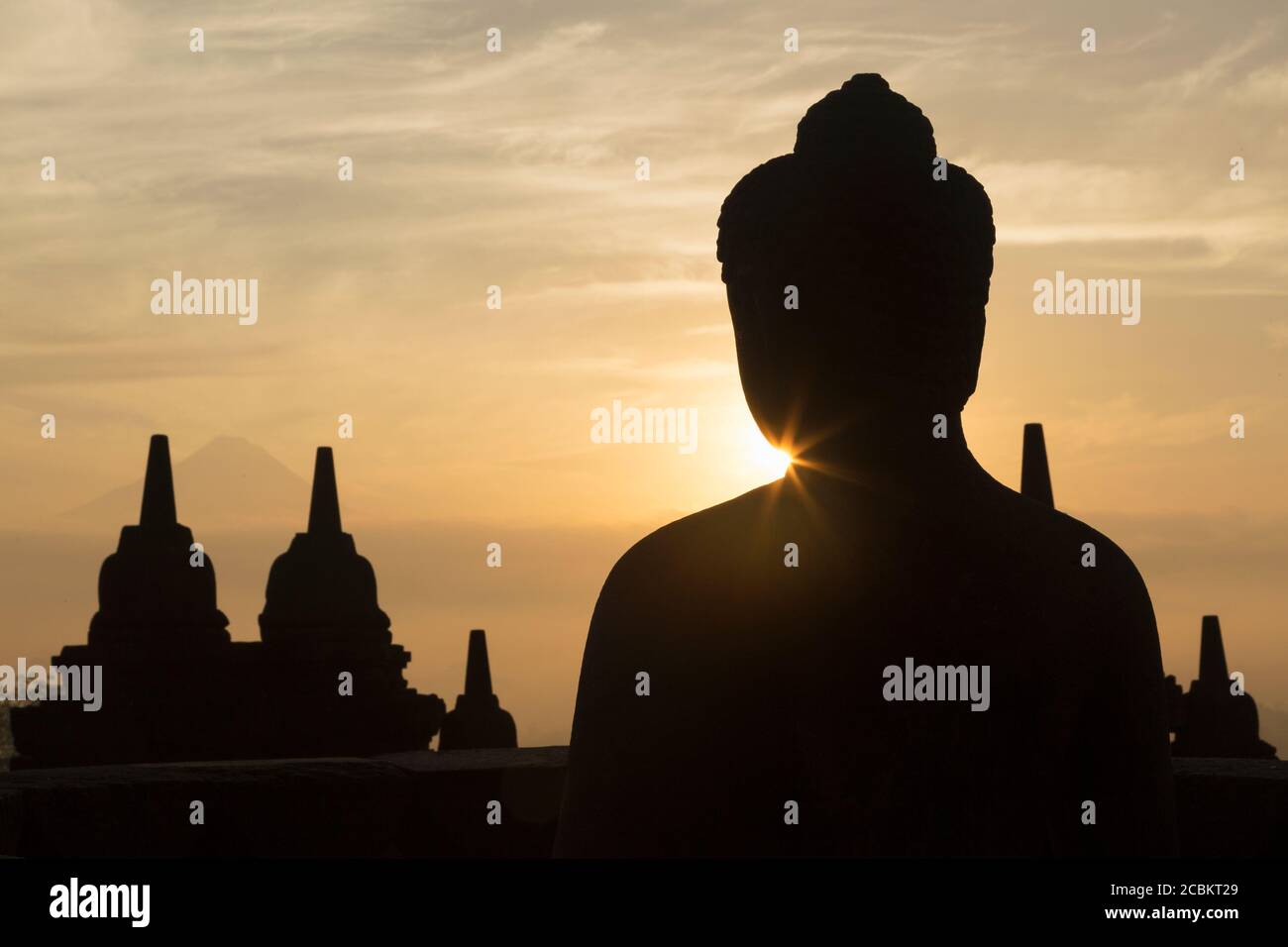 Silhouetted rooftops, The Buddhist Temple of Borobudur, Java, Indonesia Stock Photo