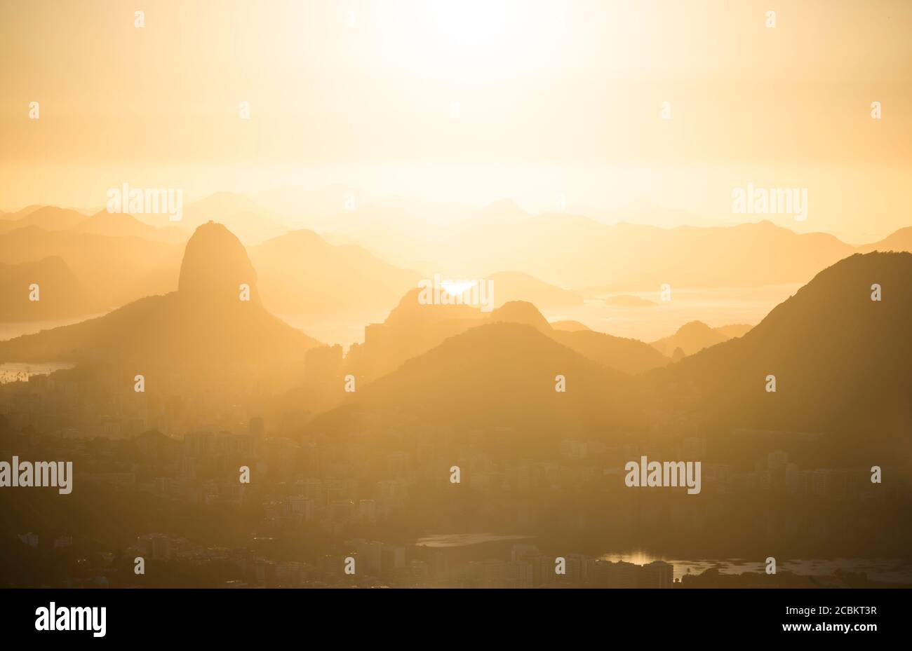 Distant view of Sugarloaf mountain at sunset, Rio De Janeiro, Brazil Stock Photo
