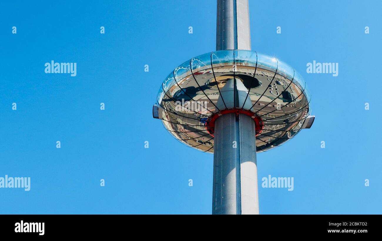 Brighton and Hove, E Sussex, UK - August 2020: The BA i360 observation platform against a clear blue sky. Also known as the donut. Stock Photo