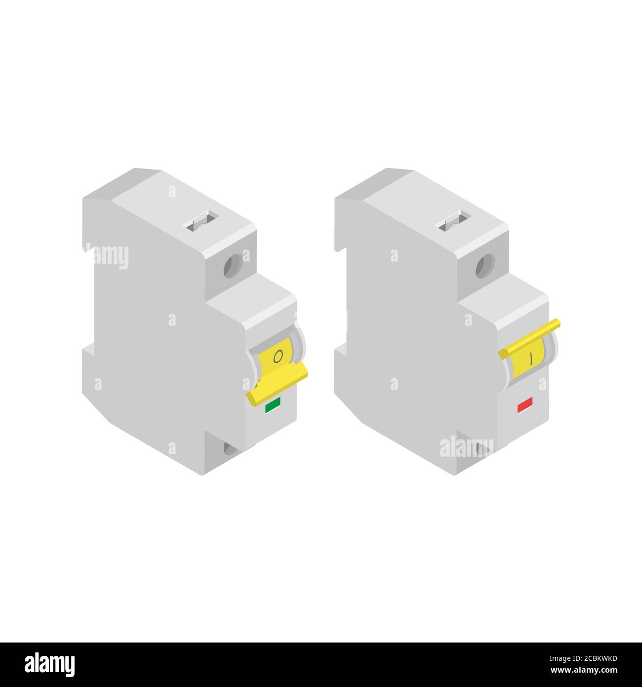 Switches of an electric chain in an isometry.Automatic switches of current on a white background.3D objects.The switched on and off situation.Vector i Stock Vector