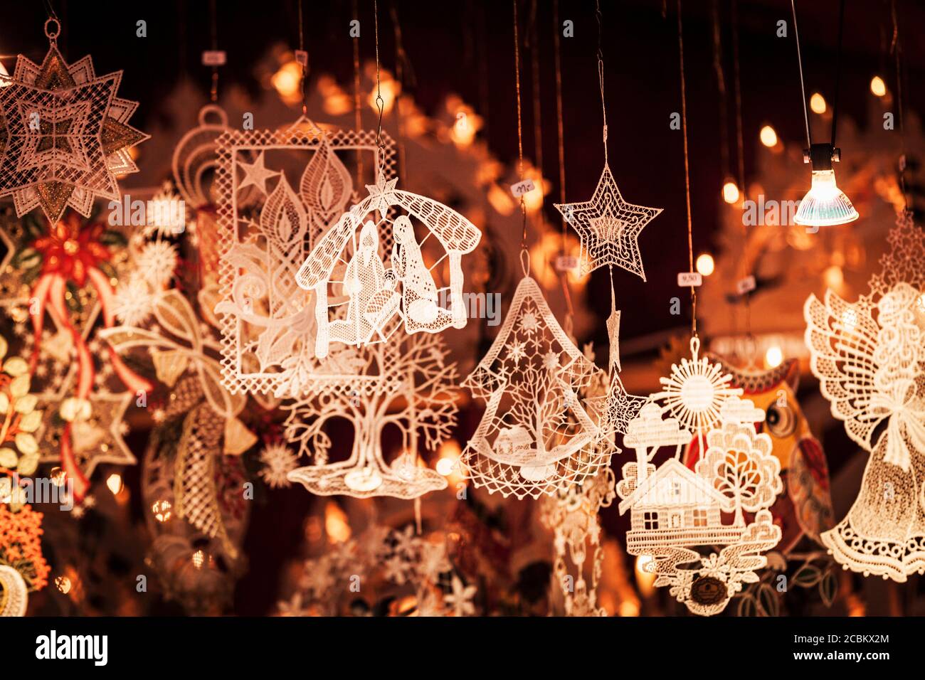 Hanging Christmas ornaments at Christmas market, Basel, Switzerland Stock Photo