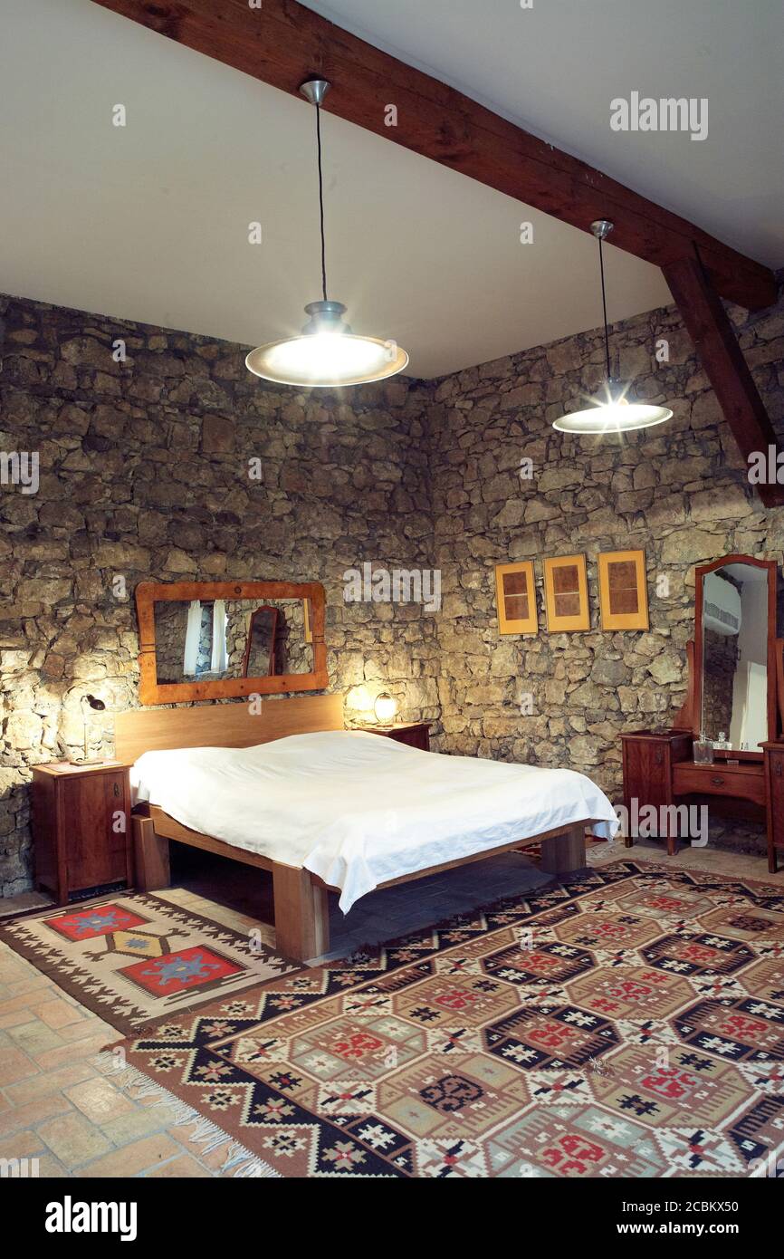 Traditional bedroom in holiday apartment, Lake Balaton, Budapest, Hungary Stock Photo