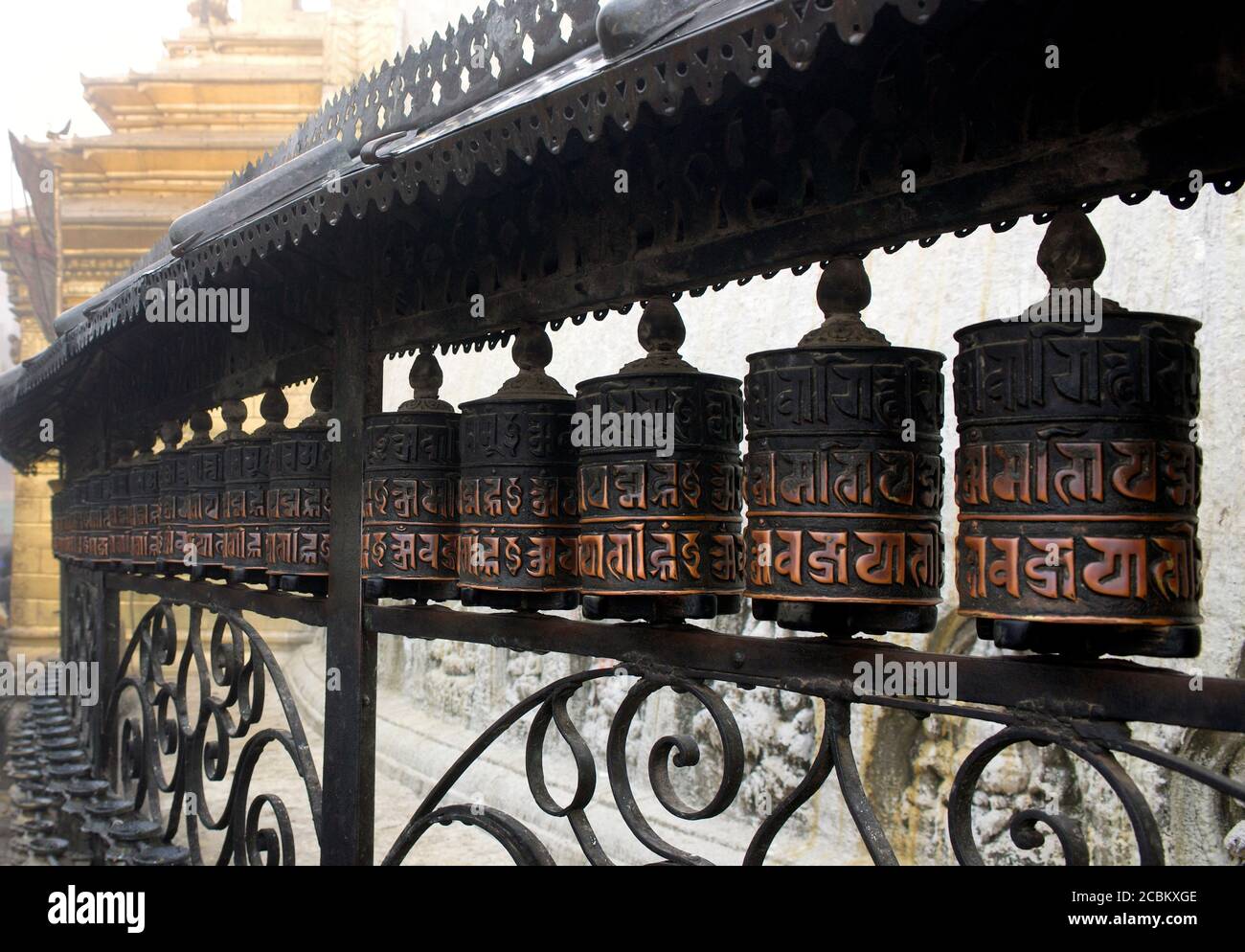 Prayer wheels, Swoyambhu Temple, Kathmandu, Nepal Stock Photo