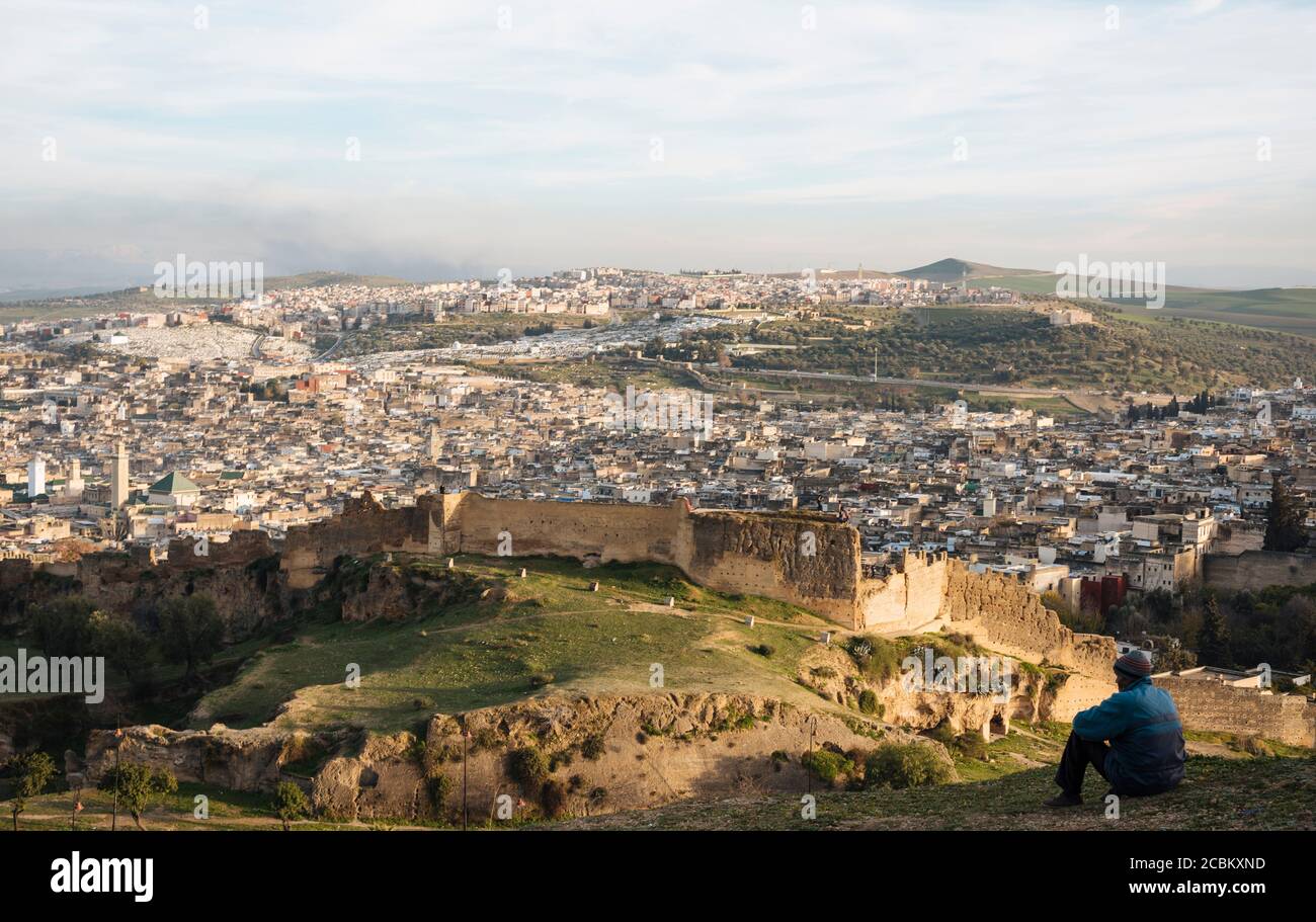 View from Marinid Tombs at sunset, Fes, Morocco, North Africa Stock Photo