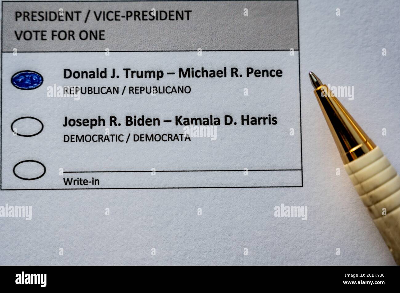 Sample ballot for 2020 US president completed for a vote for Donald