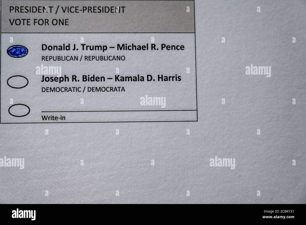 Sample ballot for 2020 US president completed for a vote for Donald