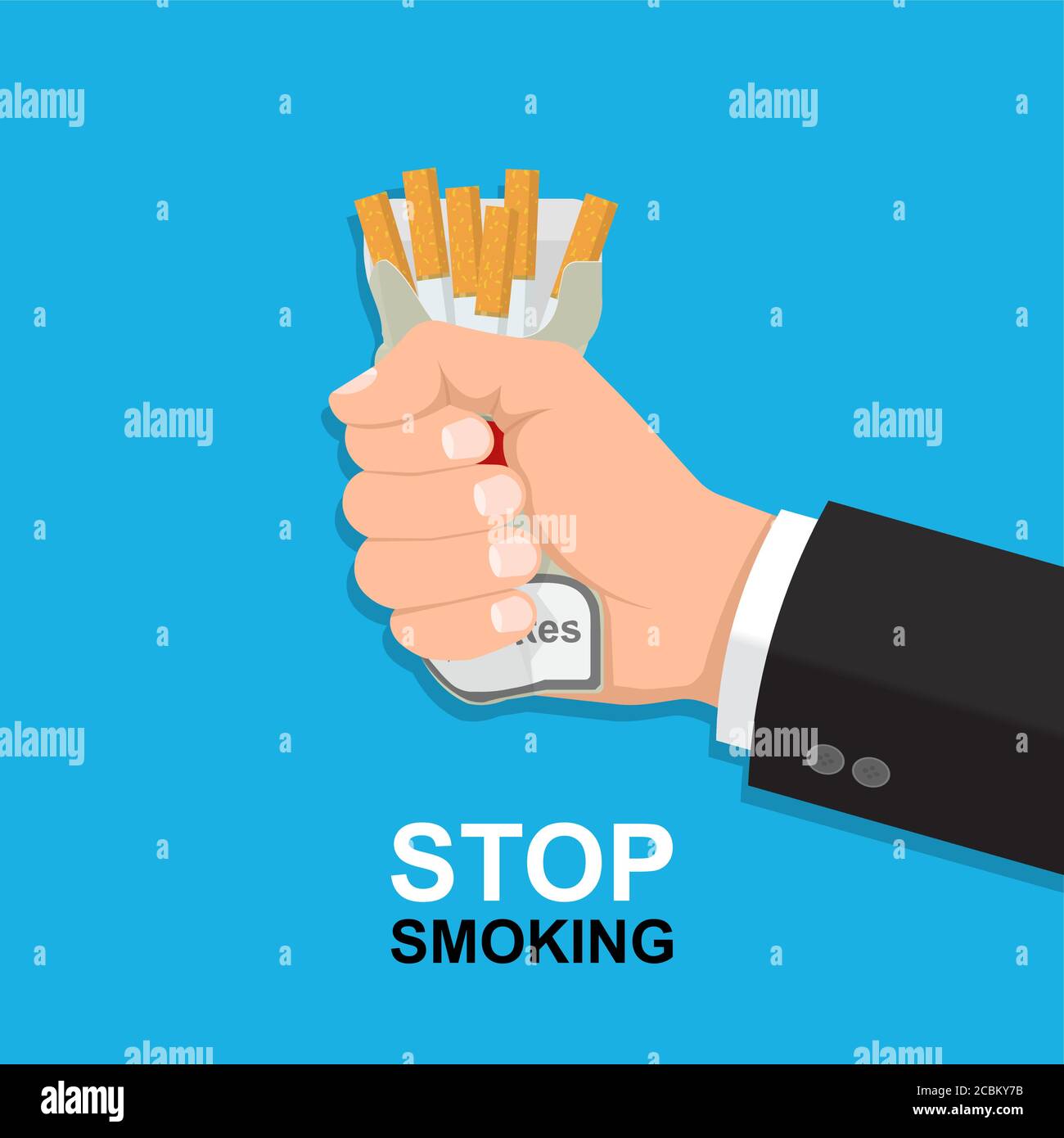 The hand of the man rumples a pack with cigarettes.Concept of a healthy lifestyle.No to smoking.Vector illustration in flat style. Stock Vector