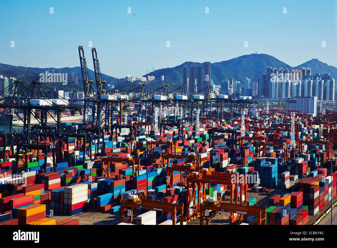 View of container port, Hong Kong, China Stock Photo