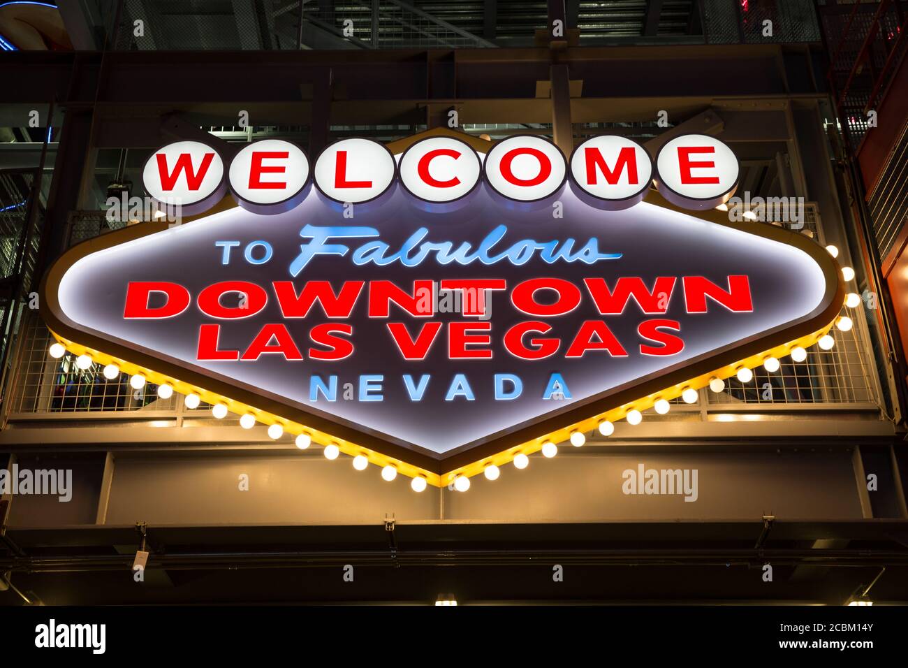 Low angle view of neon welcome sign, downtown Las Vegas, Nevada, USA Stock Photo
