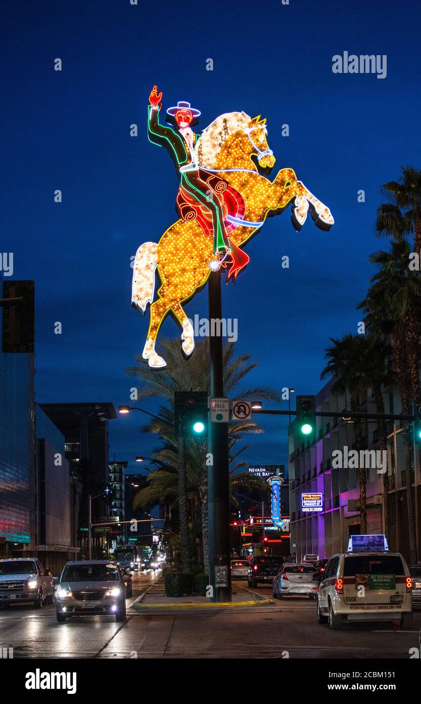 Neon signs in centre of road, downtown Las Vegas, Nevada, USA Stock