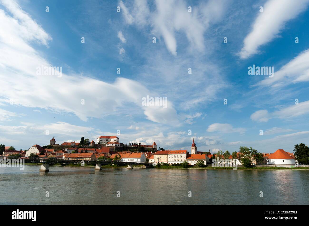 View of Ptuj on Drava river (the oldest town in Slovenia), Brezovica Commune, Slovenia Stock Photo