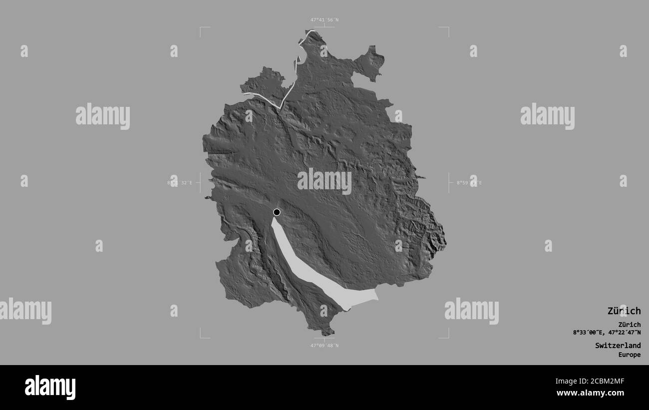 Area of Zürich, canton of Switzerland, isolated on a solid background in a georeferenced bounding box. Labels. Bilevel elevation map. 3D rendering Stock Photo