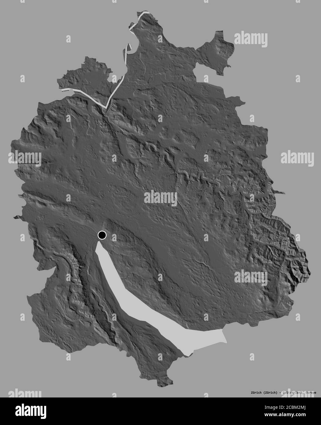 Shape of Zürich, canton of Switzerland, with its capital isolated on a solid color background. Bilevel elevation map. 3D rendering Stock Photo