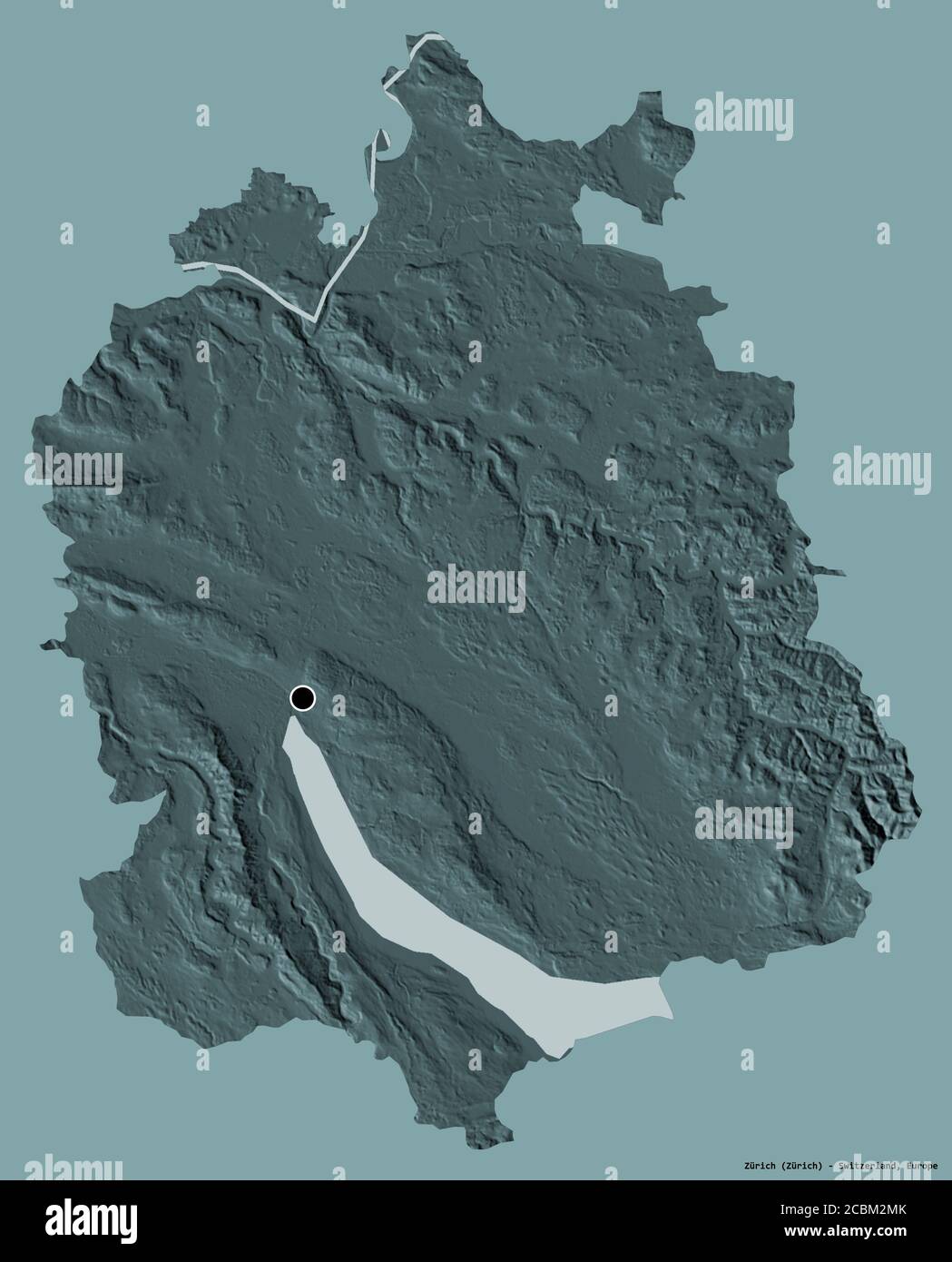 Shape of Zürich, canton of Switzerland, with its capital isolated on a solid color background. Colored elevation map. 3D rendering Stock Photo