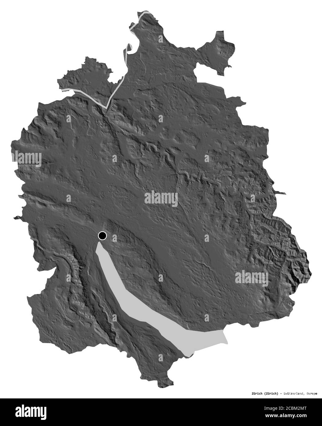 Shape of Zürich, canton of Switzerland, with its capital isolated on white background. Bilevel elevation map. 3D rendering Stock Photo