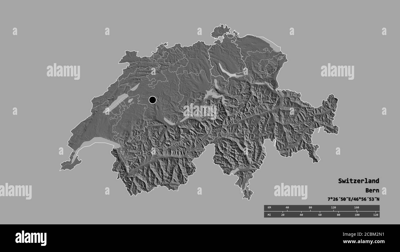 Desaturated shape of Switzerland with its capital, main regional division and the separated Zürich area. Labels. Bilevel elevation map. 3D rendering Stock Photo