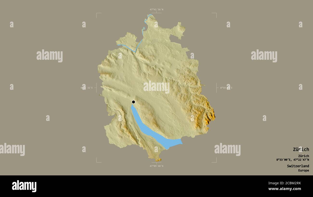 Area of Zürich, canton of Switzerland, isolated on a solid background in a georeferenced bounding box. Labels. Topographic relief map. 3D rendering Stock Photo