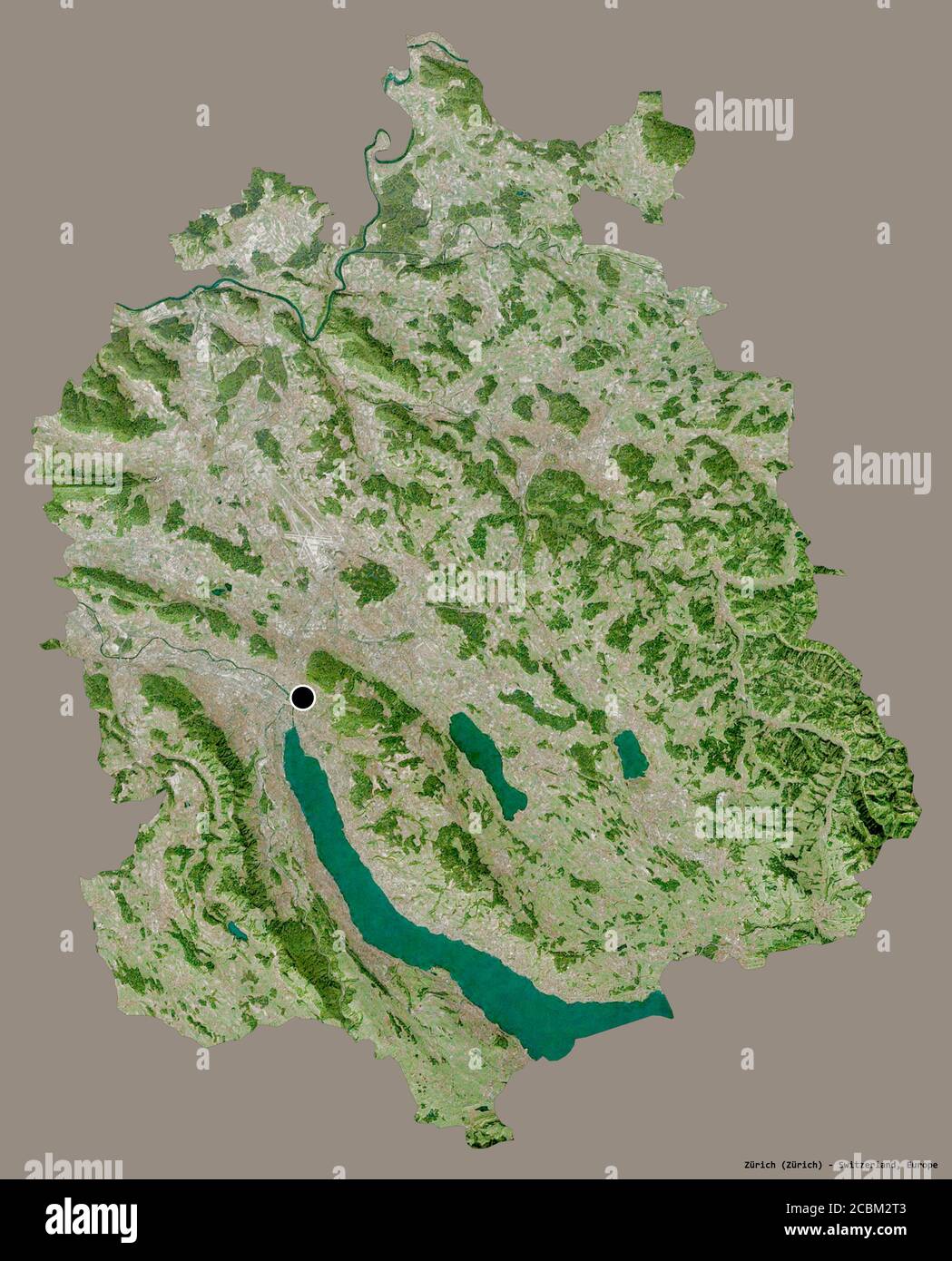 Shape of Zürich, canton of Switzerland, with its capital isolated on a solid color background. Satellite imagery. 3D rendering Stock Photo