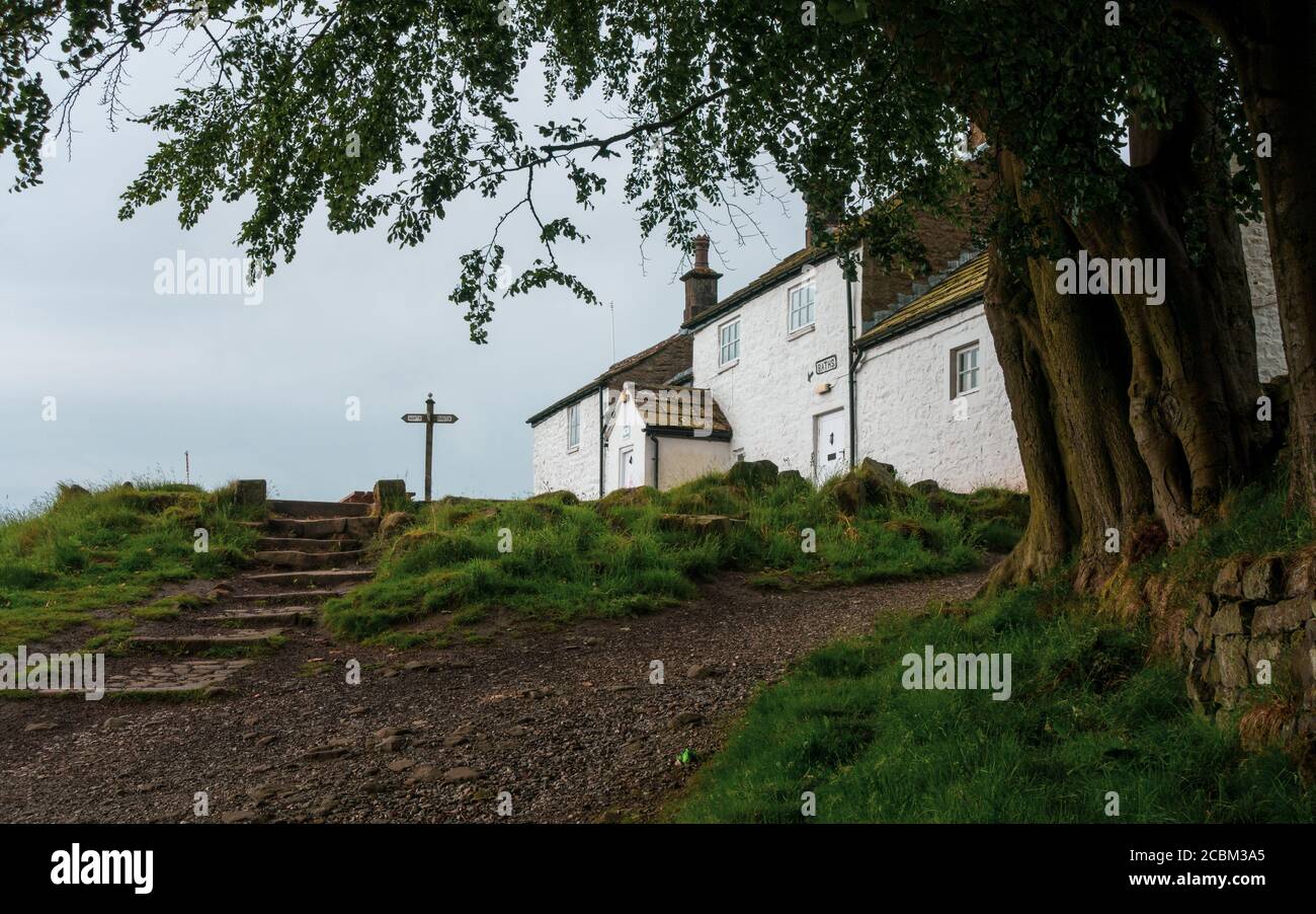 View of White Wells bath house on Ilkley Moor above the spa town of the same name. West Yorkshire, England. Stock Photo