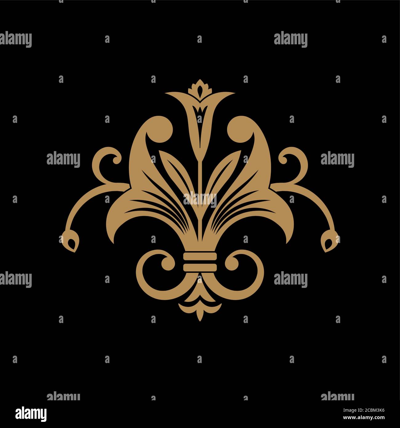 Gold flower element of design in east style on a black background.Graphic royal ornament. Damask pattern. Vector illustration. Stock Vector